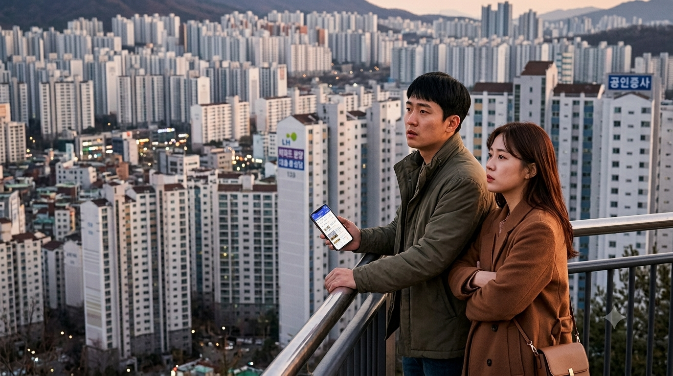 빽빽한 아파트 단지를 배경으로 걱정스러운 표정으로 스마트폰을 보는 한국인 부부. 전세값 상승과 분양 고민을 상징하는 이미지.