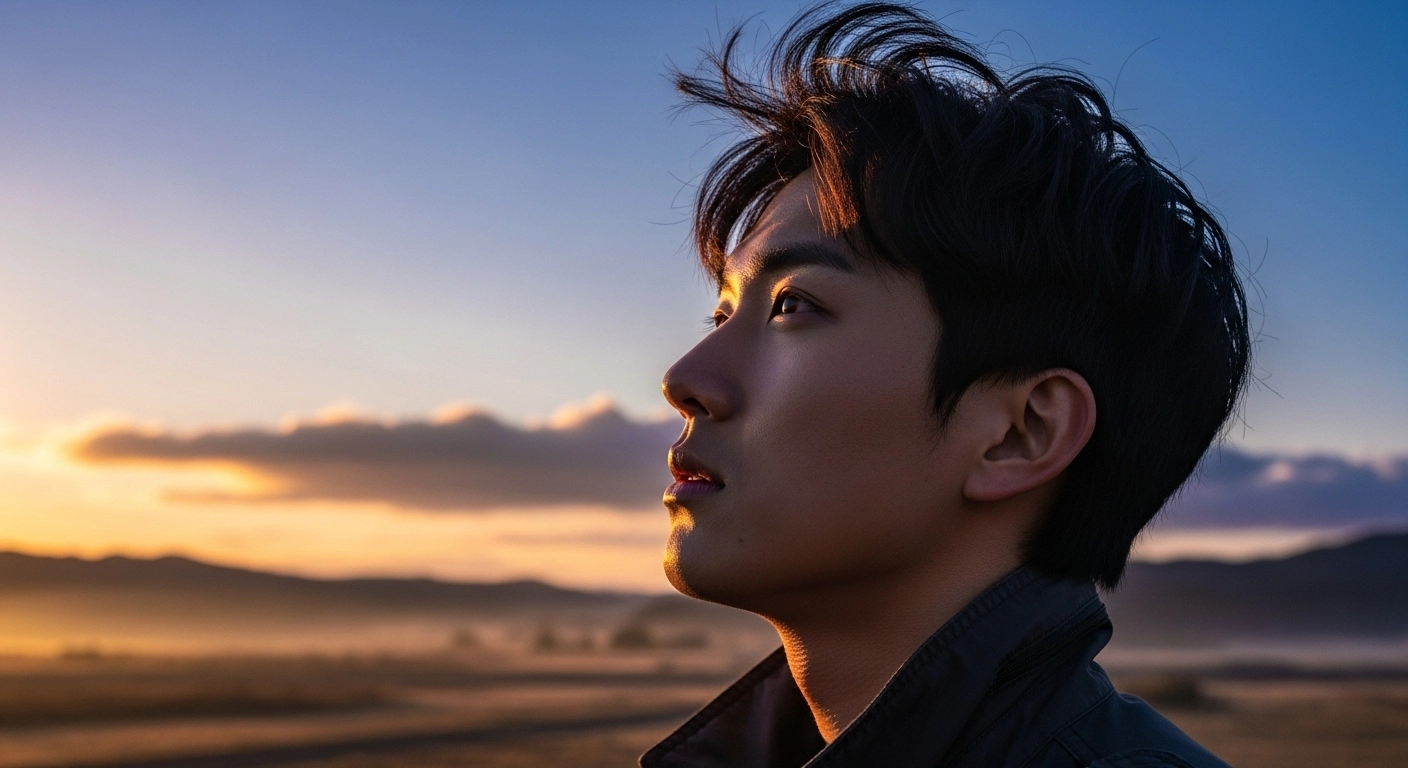 새벽의 빛을 받으며 하늘을 바라보는 사람, 시작의 느낌 이미지