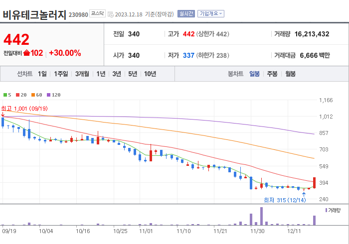 비유테크놀러지 3개월 주가(일봉)