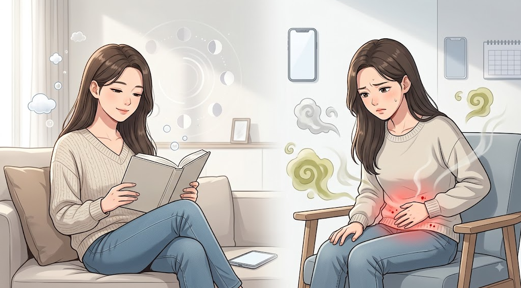 정상 질 분비물의 주기적 변화와 이상 분비물 및 불편 증상을 비교하는 메디컬 일러스트