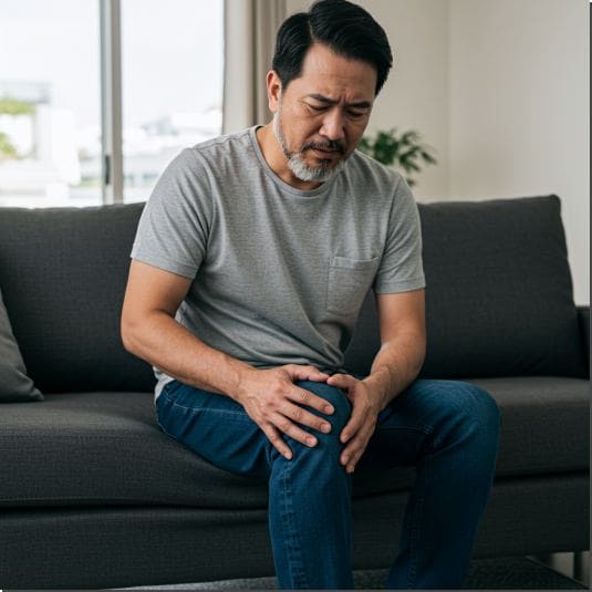 뼈가 약화해 무릎 관절이 아픈 남성 사진