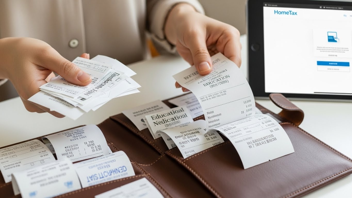 누락된 공제 항목이 없도록 영수증과 증빙 서류를 꼼꼼히 정리하는 모습