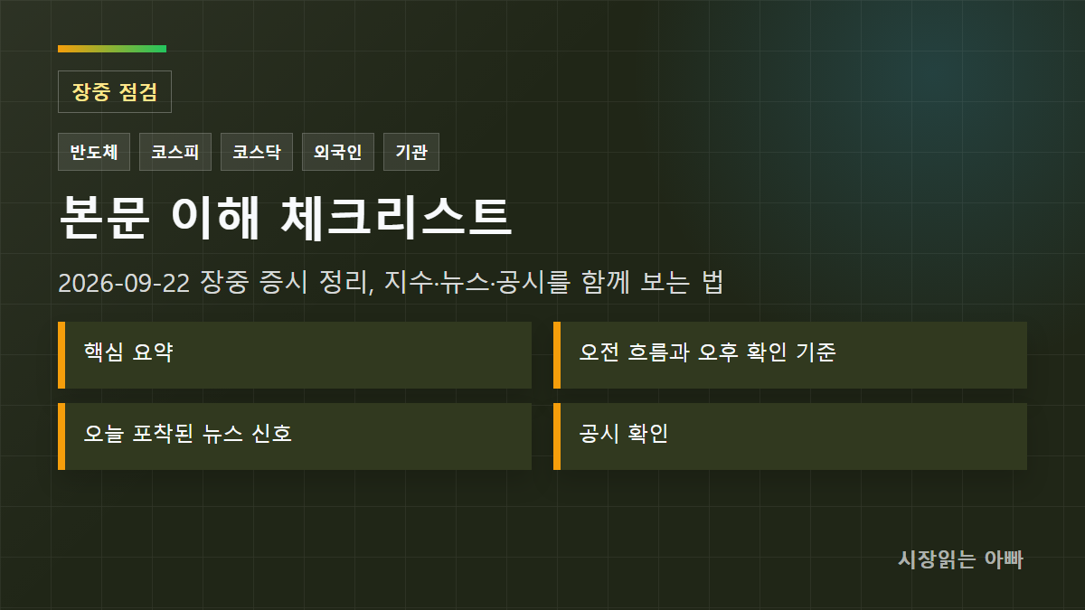 2026-09-22 장중 증시 정리, 지수·뉴스·공시를 함께 보는 법 체크리스트: 핵심 요약; 오전 흐름과 오후 확인 기준; 오늘 포착된 뉴스 신호