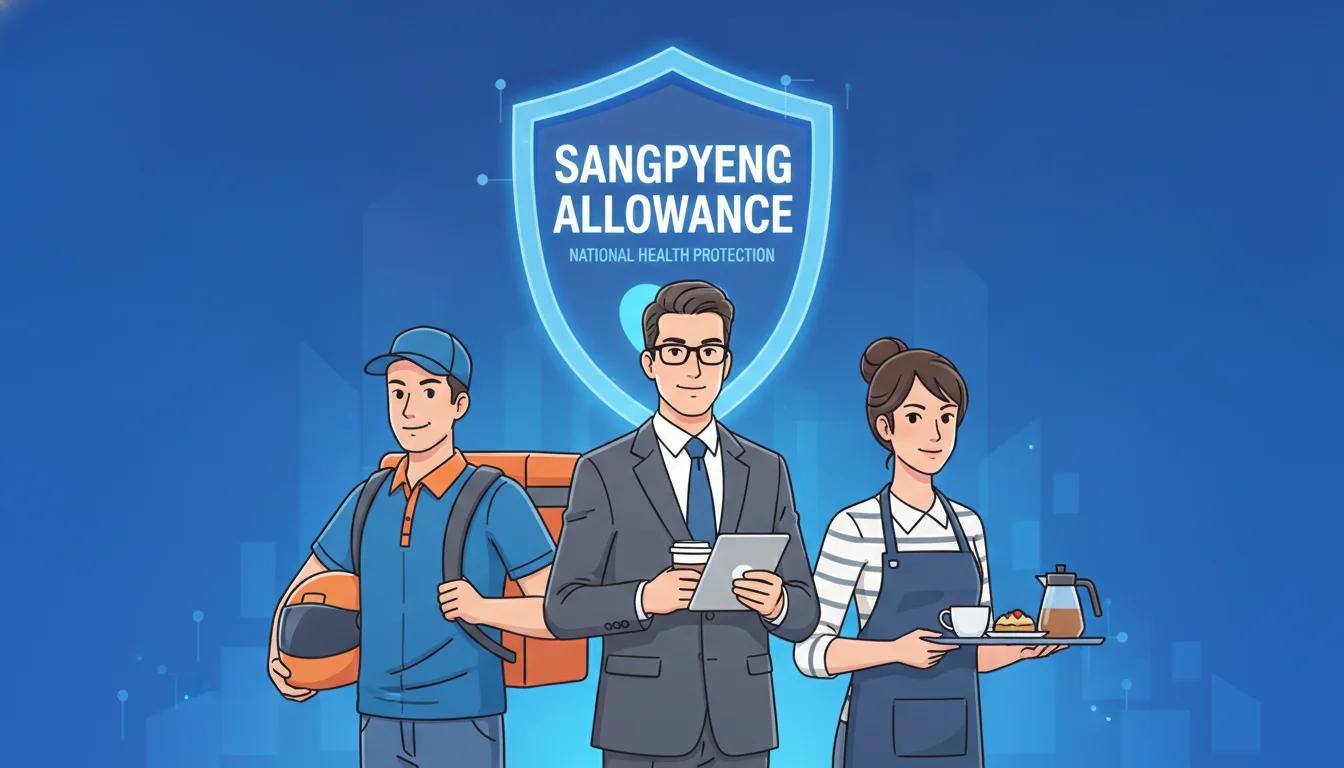 자영업자, 배달원, 직장인 등 다양한 직업군이 상병수당 제도의 보호를 받는 모습을 나타낸 일러스트.