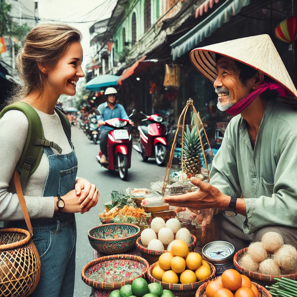 베트남 거리에서 관광객이 현지 상인과 대화하는 모습