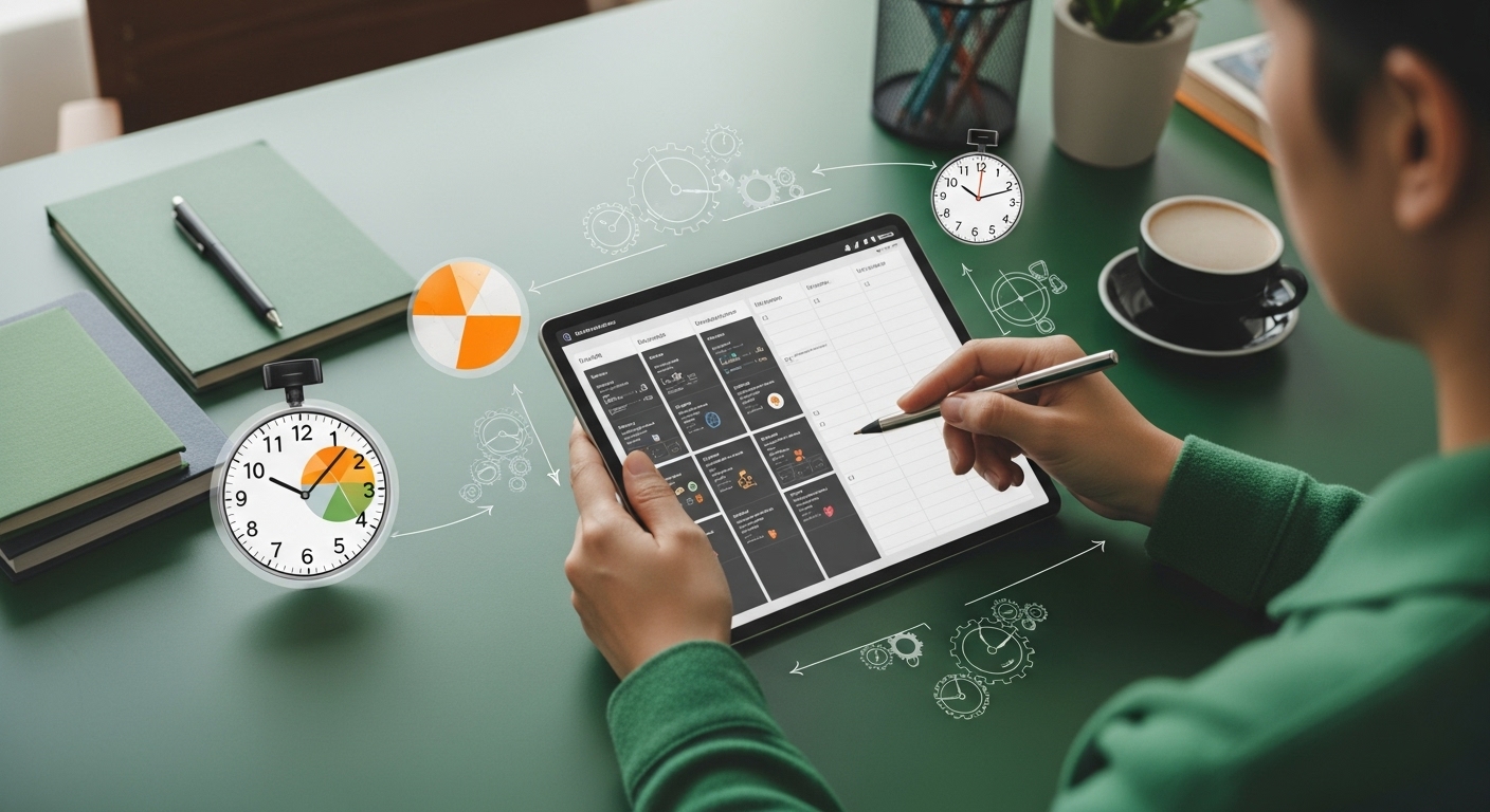 디지털 플래너로 시간을 효율적으로 관리하며 중요한 일에 집중하는 사람의 모습