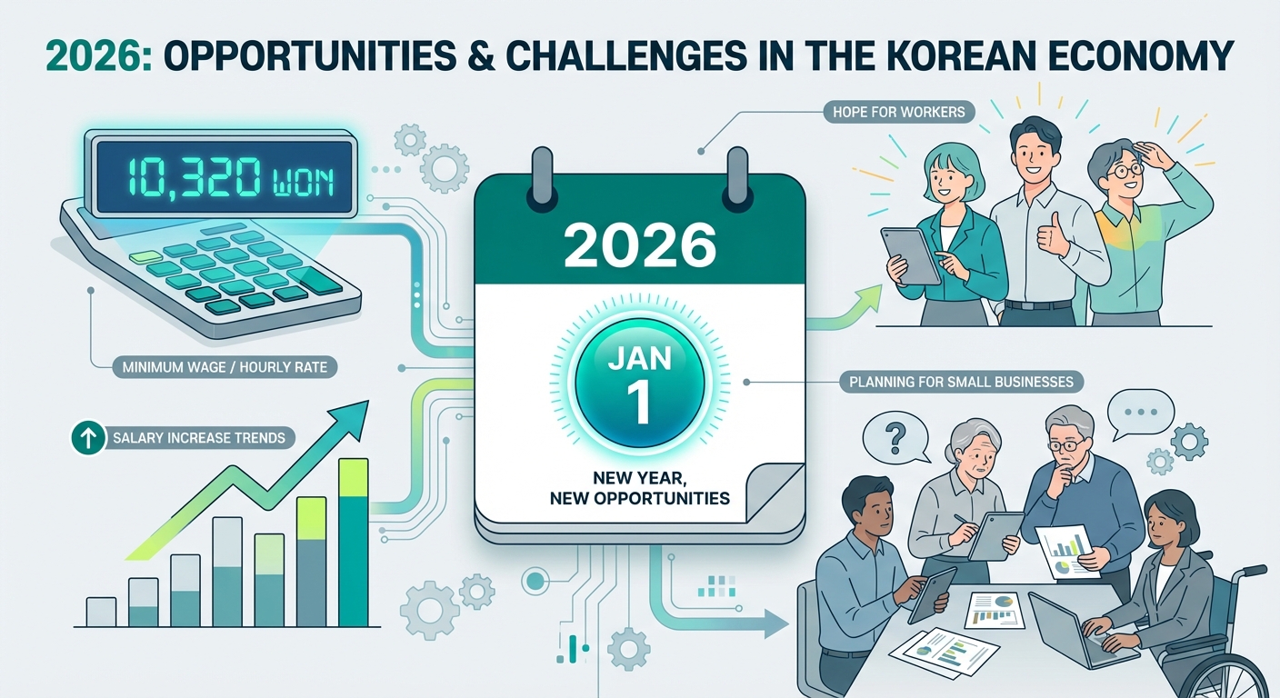 2026년 최저임금 10,320원 인상으로 변화하는 월급과 고용 환경을 나타내는 그래픽 이미지.