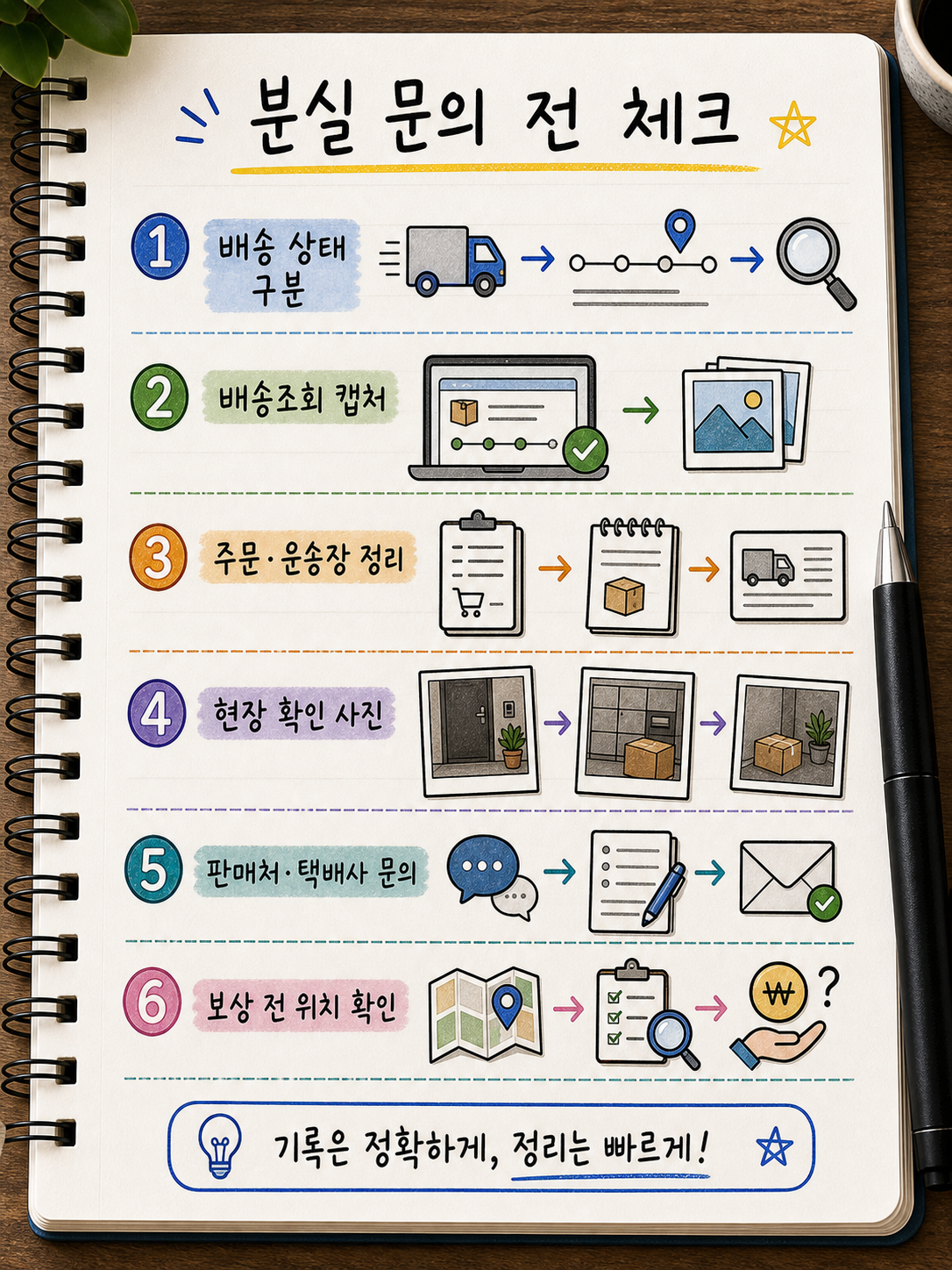 택배 분실 문의 전 체크 항목을 배송 상태 구분 배송조회 캡처 주문 운송장 정리 현장 확인 사진 판매처 택배사 문의 보상 전 위치 확인으로 요약한 노트형 인포그래픽