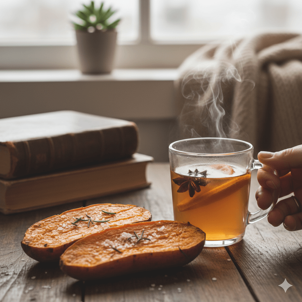 구운 고구마와 따뜻한 허브차 한 잔