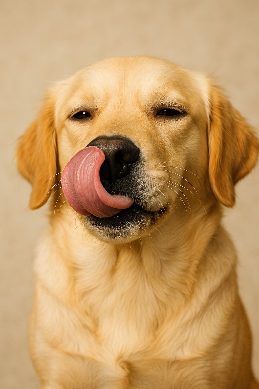 코를 혀로 핥는 리트리버의 모습