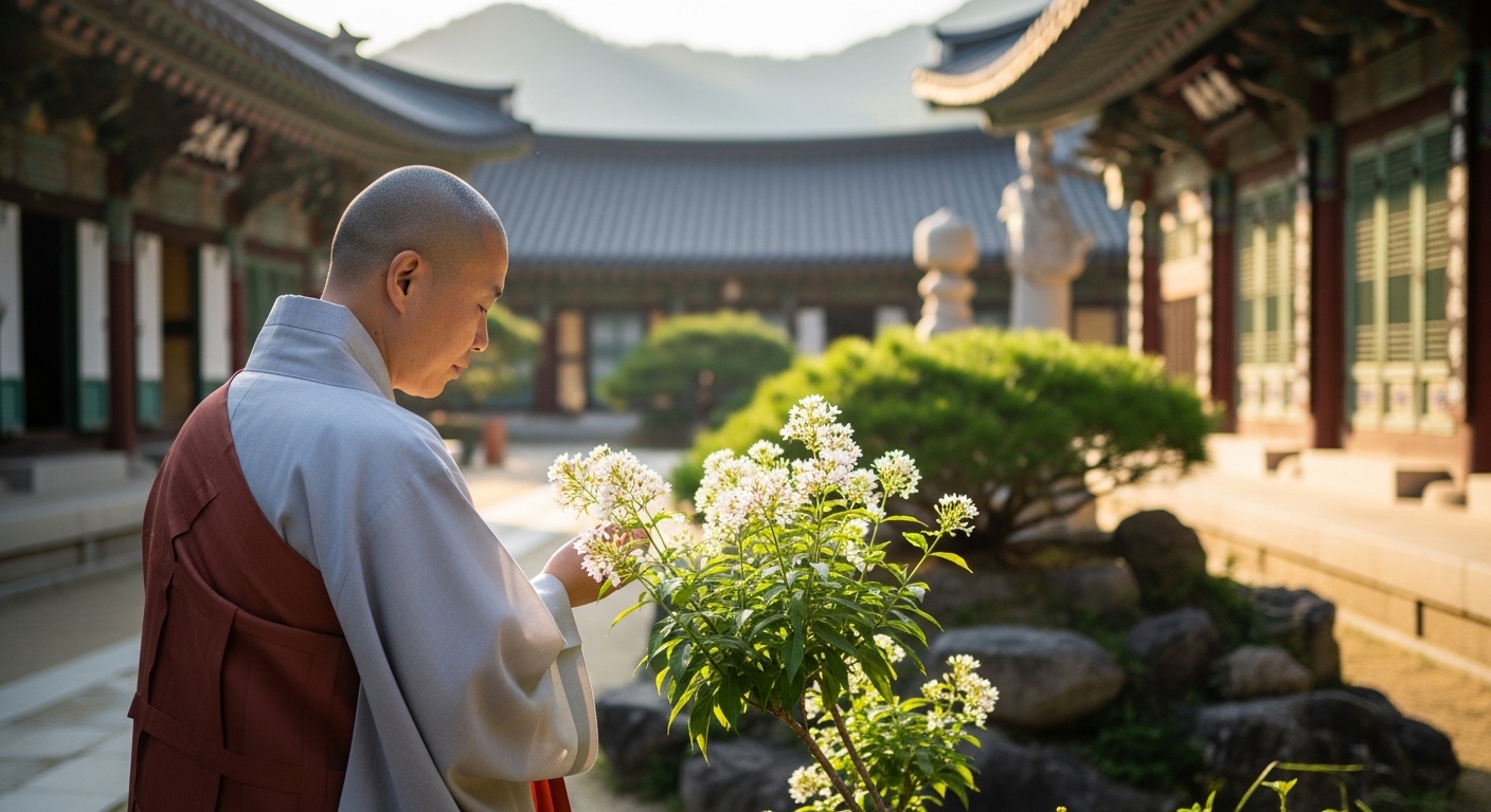 통도사-마당-배경-스님-한-분이-우담바라-꽃을-조용히-바라보는-