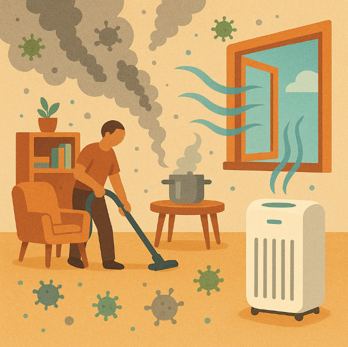 실내에서 청소기와 공기청정기를 사용하는 남성. 요리 연기와 먼지로 오염된 공기를 창문 환기와 공기청정기로 관리하는 모습의 일러스트.
