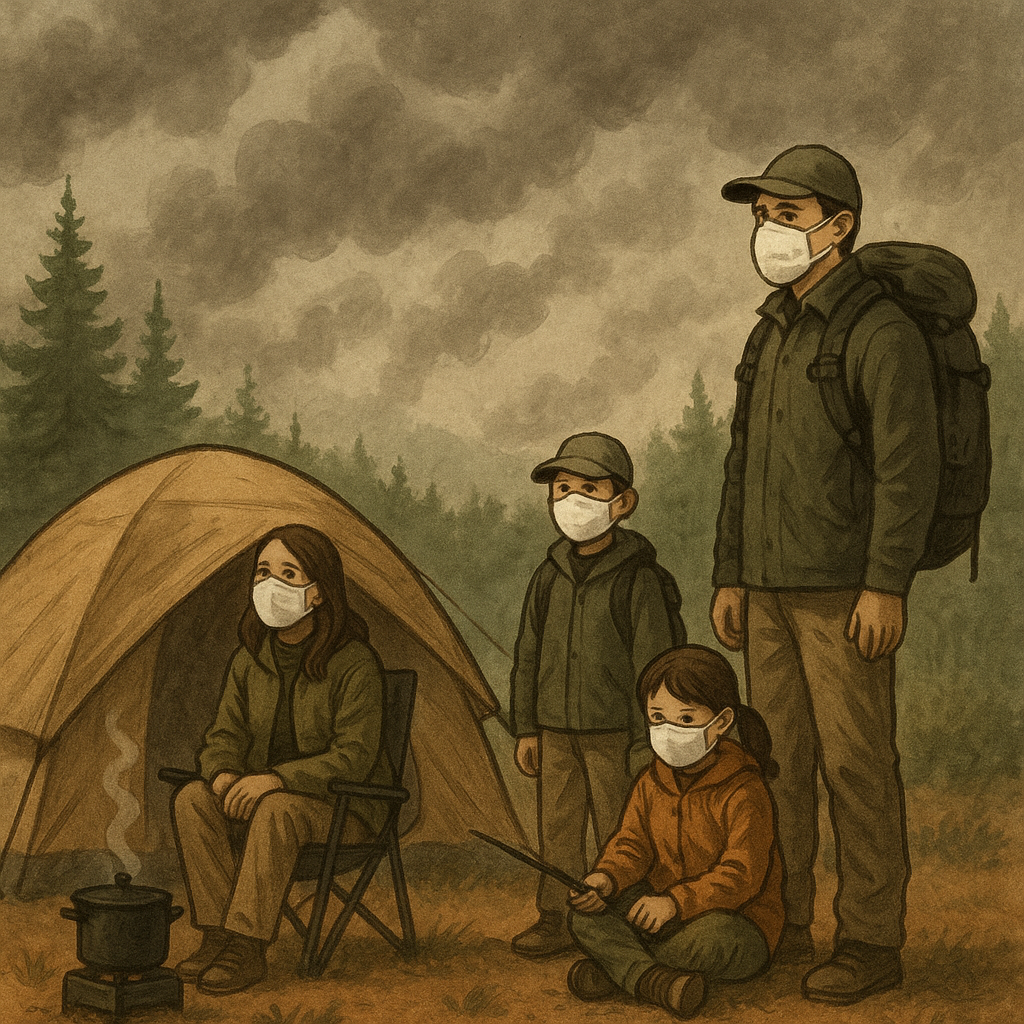 초미세먼지 속 마스크를 끼고 캠핑하는 가족