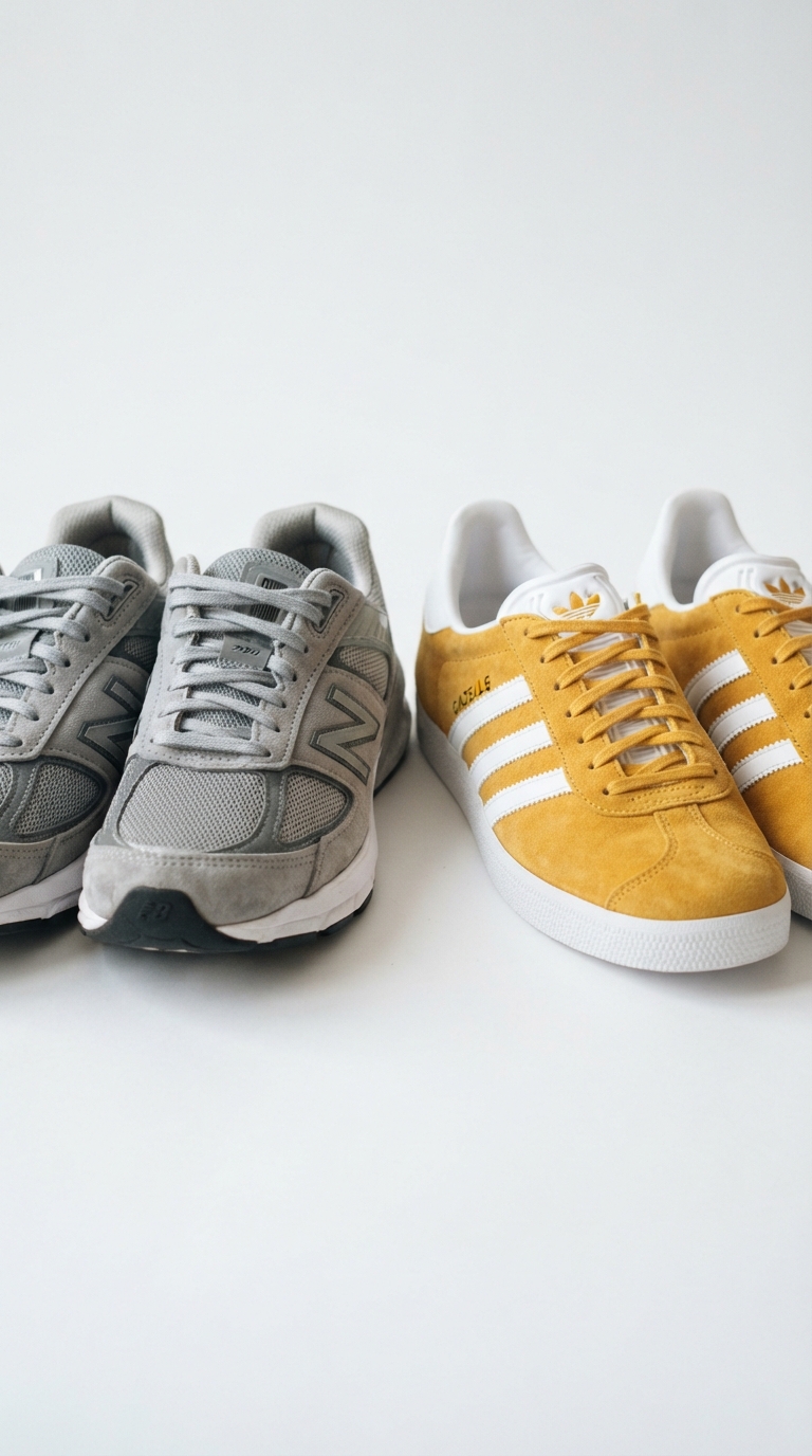 Close-up product photography of two pairs of sneakers, one low-profile mesh sneaker in neutral gray and one mustard yellow sneaker, clean white background, soft studio lighting
