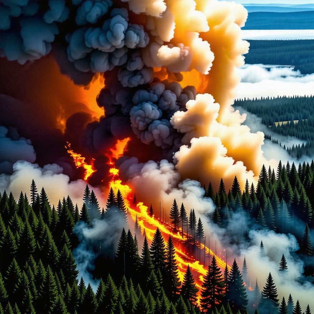 산불로 인해 연기가 하늘을 덮고 있는 모습. 대기 오염의 심각성을 보여줌.