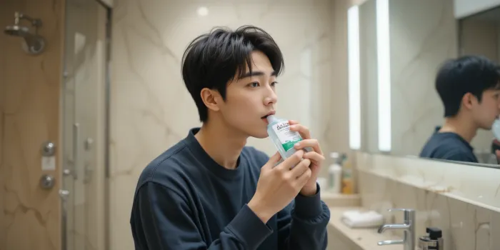 집 욕실에서 가글하는 남자의 모습