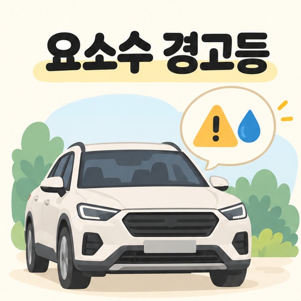 요소수 경고등 제목과 자동차, 물방울, 주의 표시를 그린 안내 이미지