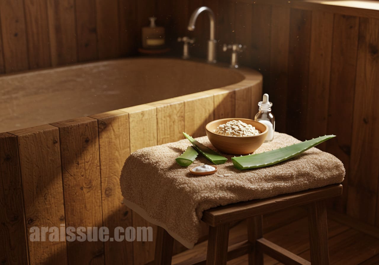 나무 욕실 배경 위에 오트밀 그릇, 알로에베라 잎, 코코넛 오일이 타월 위에 정갈하게 놓여 있으며, 아토피 자연 요법에 쓰이는 재료를 보여줍니다.