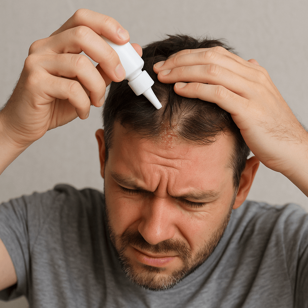 두피염에 약을 바르고 있는 남성의 이미지
