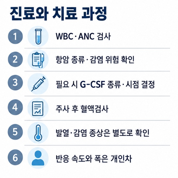 WBC와 ANC 확인 항암치료 위험평가 G-CSF 투여 반복 혈액검사 순서를 보여주는 호중구감소 관리 인포그래픽