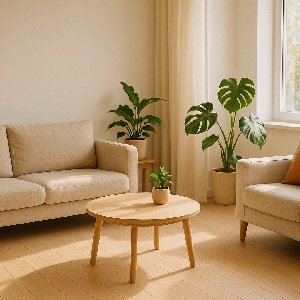 밝은 거실 중앙에 원형 테이블이 놓인 따뜻한 인테리어