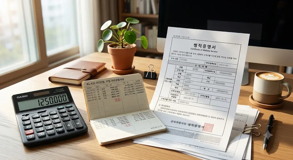 계산기와 통장, 병적증명서가 놓인 책상 위 풍경