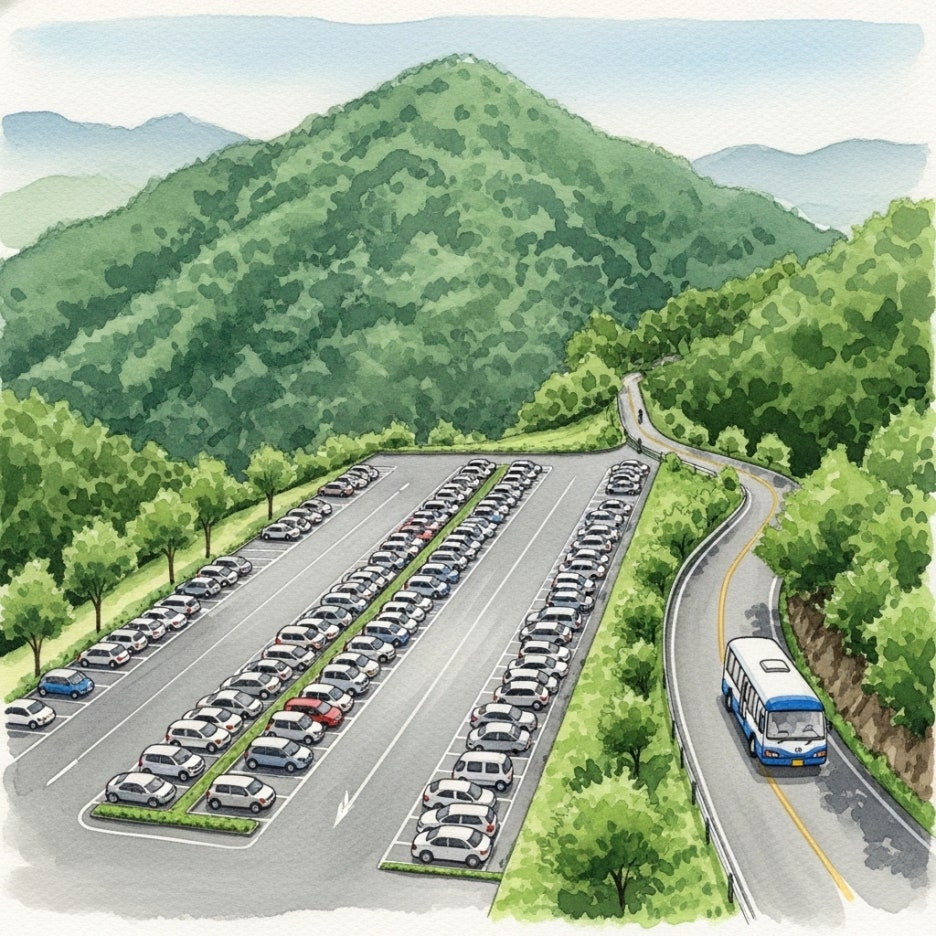 산 아래 위치한 넓은 임시 주차장과 셔틀버스 노선