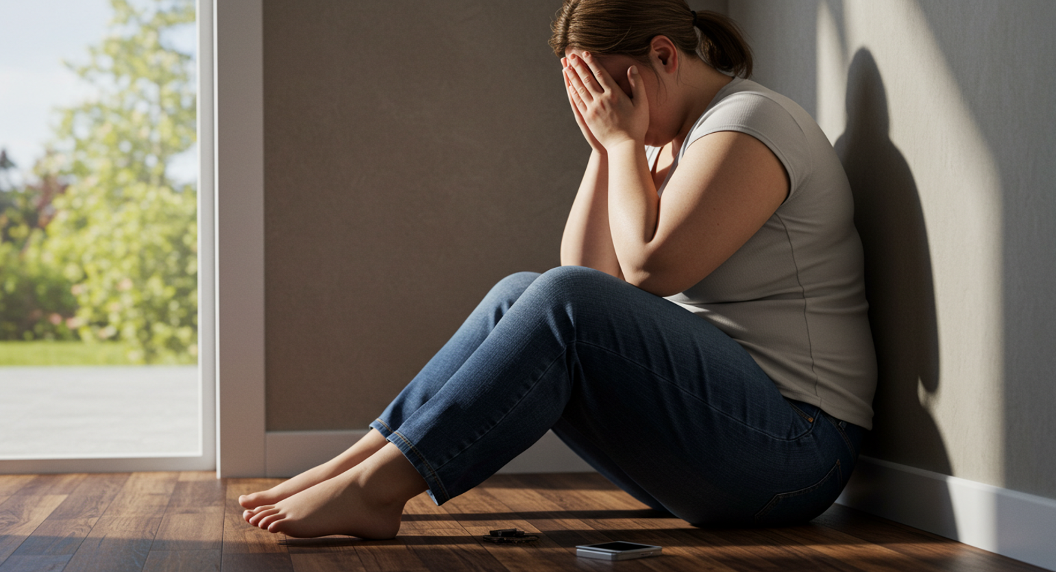 한 여성이 벽에 기대 손으로 얼굴을 가리고 울고 있다