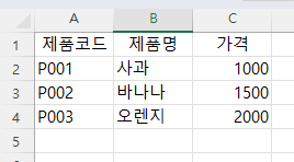 엑셀 VLOOKUP 함수 예시-제품 정보