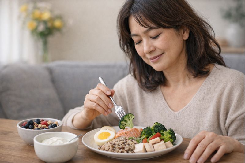 갑상선 저하증 식단 예시: 중년 여성이 연어&middot;달걀&middot;두부 같은 단백질과 브로콜리&middot;잡곡&middot;베리류 등 식이섬유가 있는 건강한 식사를 하는 따뜻한 이미지