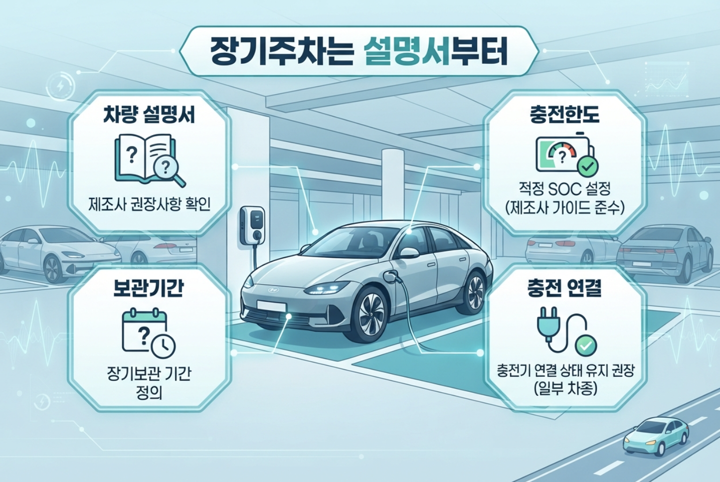 전기차를 장기간 주차할 때 제조사별 배터리 보관 충전량을 확인하는 모습