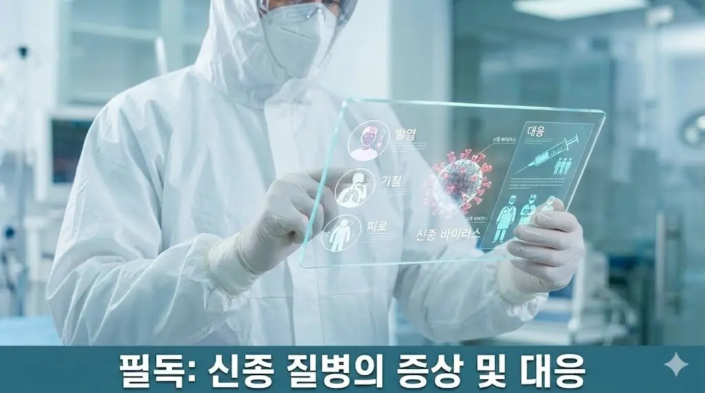 하얀색 전신 방호복(PPE)을 완벽하게 착용한 의료진이 투명한 홀로그램 디스플레이를 통해 신종 감염병의 증상(발열, 기침 등)을 정밀하게 분석하는 모습. '필독: 신종 질병의 증상 및 대응'이라는 하단 자막과 함께 철저한 방역 대비 태세를 보여주는 전문적인 사진.