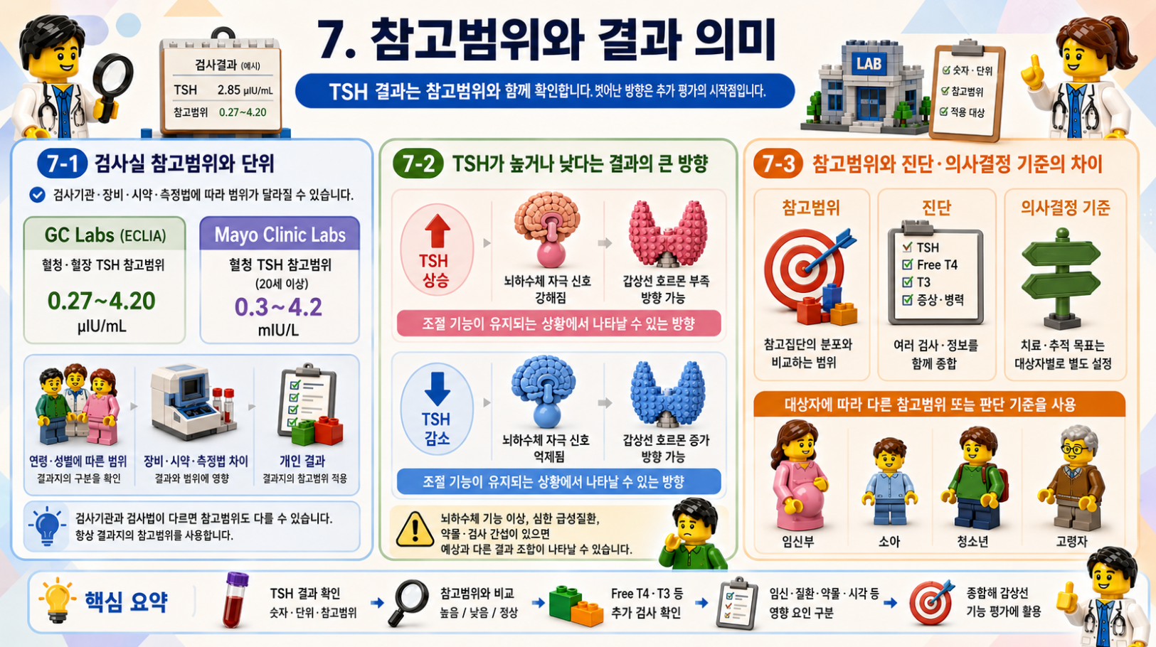 TSH 참고범위와 결과 의미, 참고범위와 진단 기준의 차이를 설명하는 레고 스타일 메디컬 인포그래픽