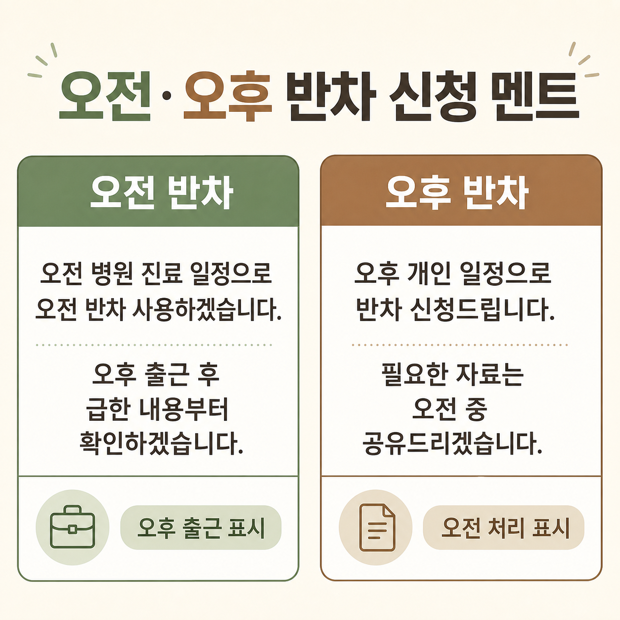 오전 반차 사유와 오후 반차 사유를 회사에 보내는 문구 비교