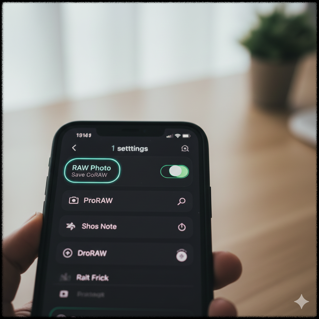 촬영한 사진을 스마트폰에서 RAW로 저장 설정하는 장면