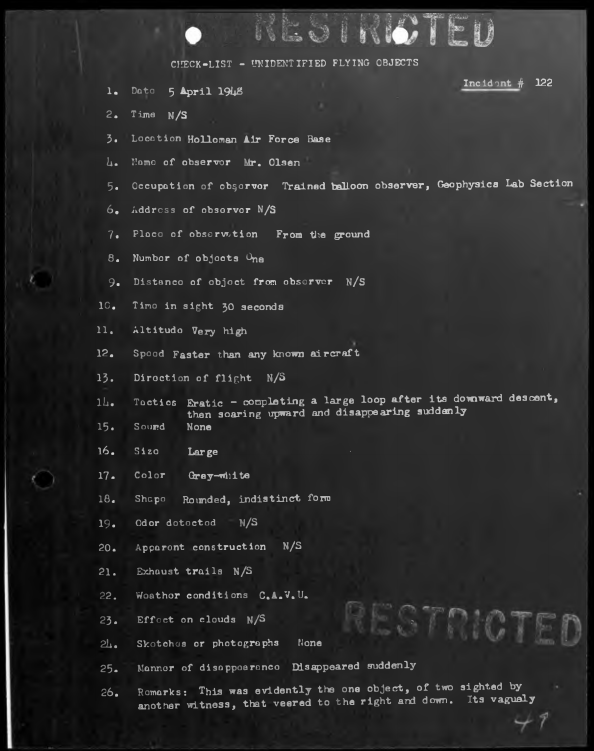 Holloman Air Force Base trained balloon observer Incident 122 UFO report