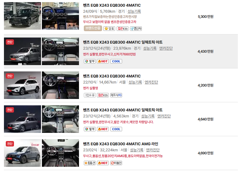 벤츠 EQB 중고차 가격 시세표 유지비