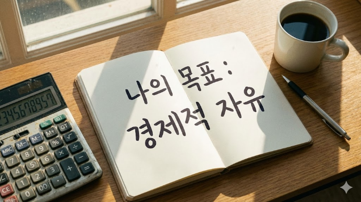 책상 위에 펼쳐진 노트에 '나의 목표: 경제적 자유'라고 적힌 모습과 계산기