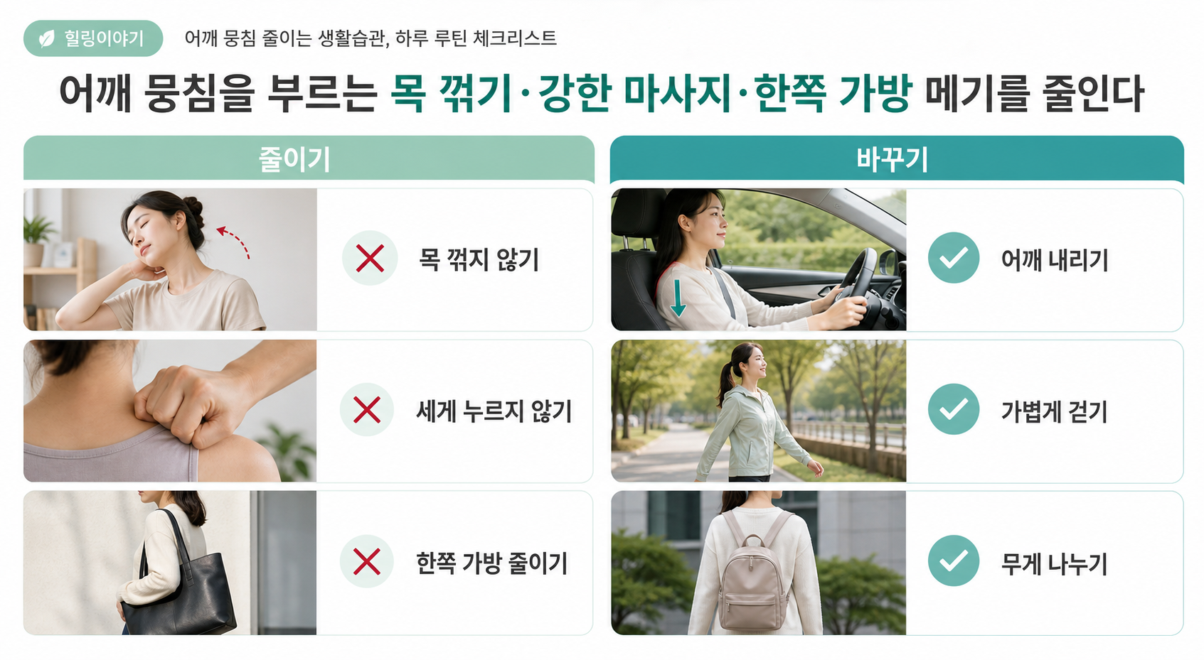 어깨 뭉침을 부르는 목 꺾기 강한 마사지 한쪽 가방 습관 비교