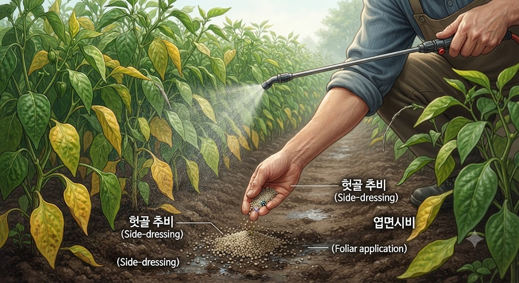 노랗게 변한 고추 하엽 주변 헛골에 알맞은 복합비료를 뿌리고 잎 뒷면에 요소 희석액을 살포