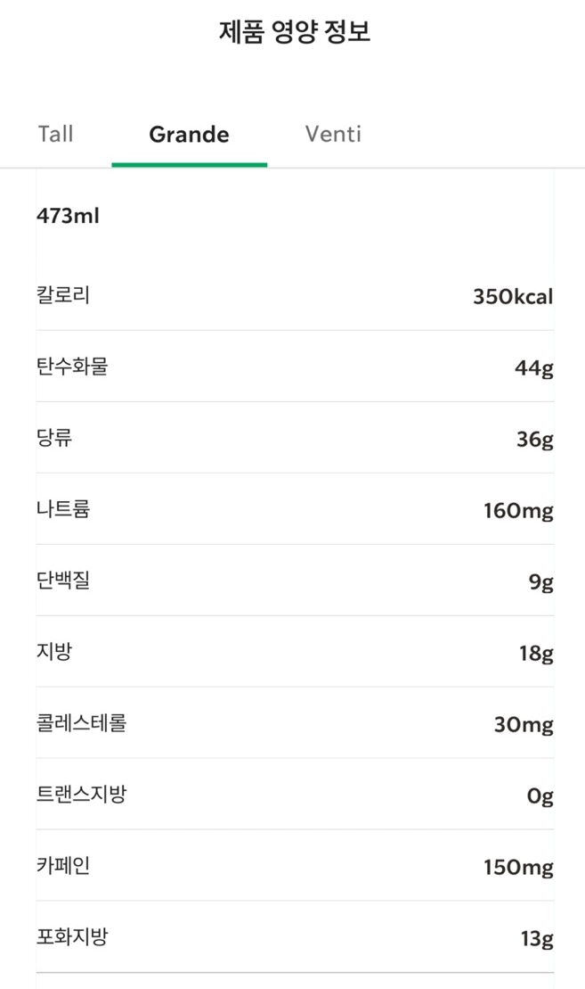 ICE 슈크림 라떼 칼로리 입니다. / 출처 - 스타벅스 APP 
