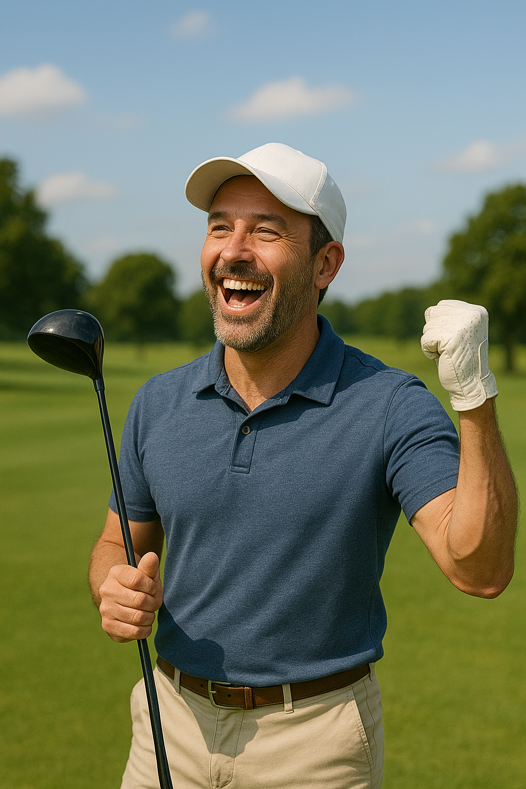 우드 샷으로 2온 한후 기뻐한는 남자골퍼 모습