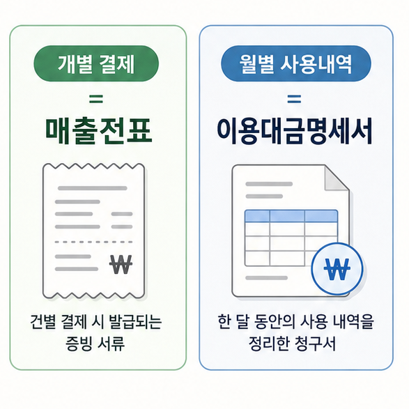 개별 카드 결제용 매출전표와 월별 이용대금명세서의 차이를 설명한 이미지