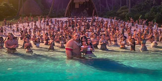 Moana's village gathered in the ocean celebrating in Moana 2