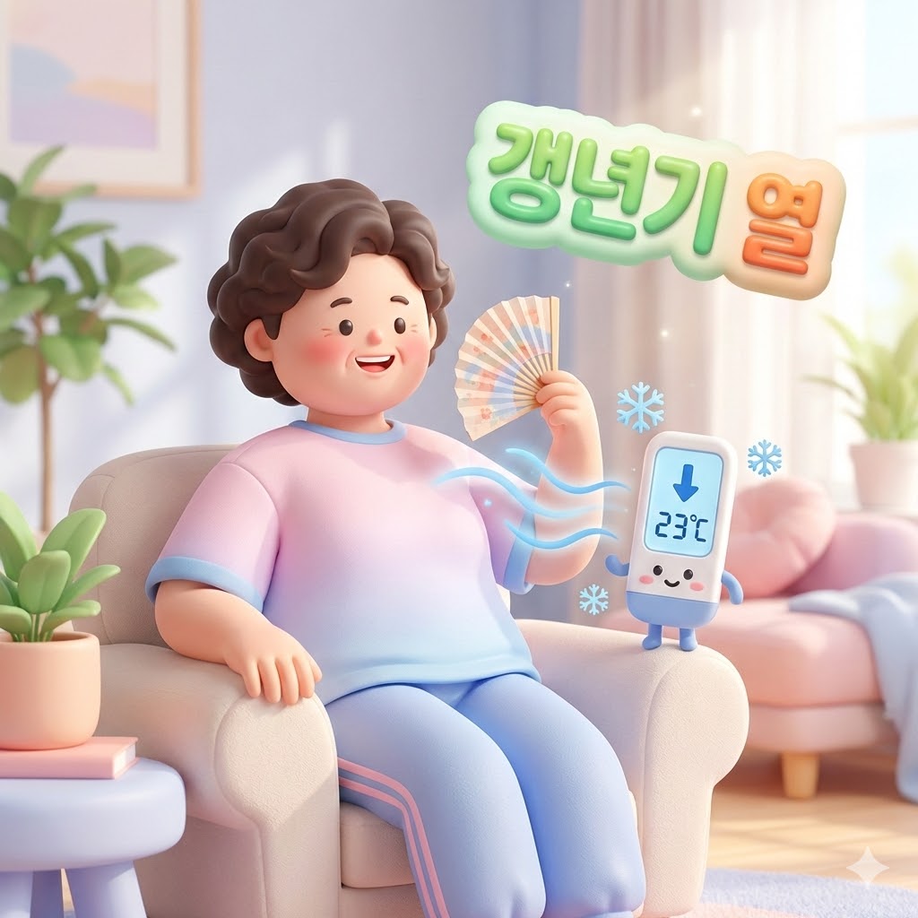 부채질을 하며 미소 짓는 한국 중년 여성 캐릭터와 온도가 내려가는 귀여운 온도계 일러스트