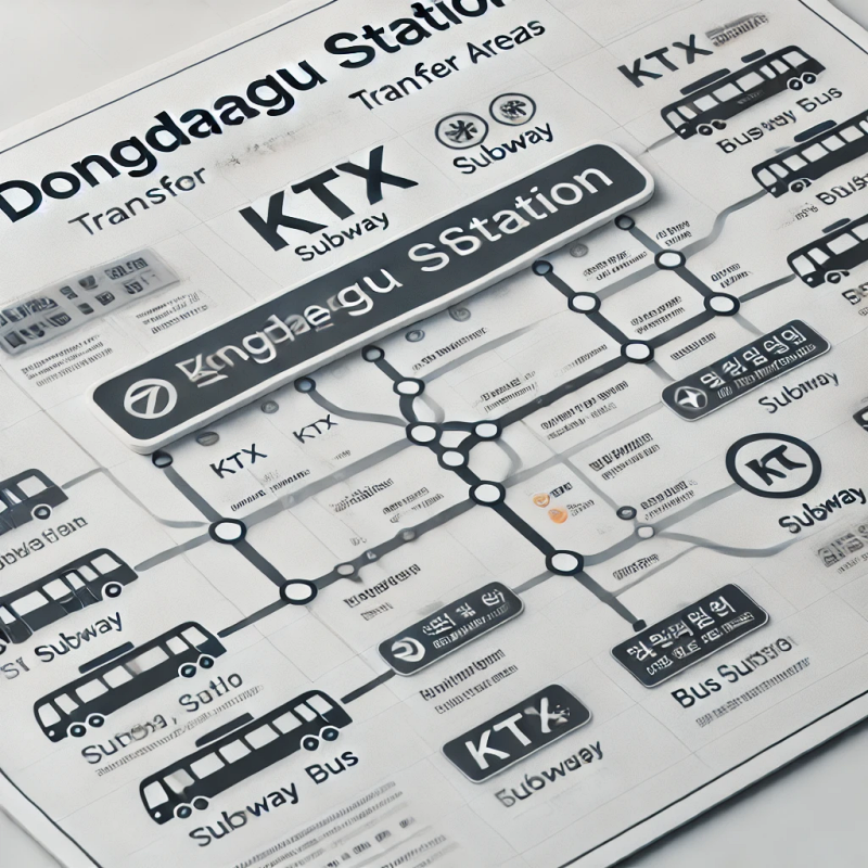 동대구역의 환승 구역 지도&amp;#44; KTX&amp;#44; 지하철&amp;#44; 버스 터미널 연결 지점 강조