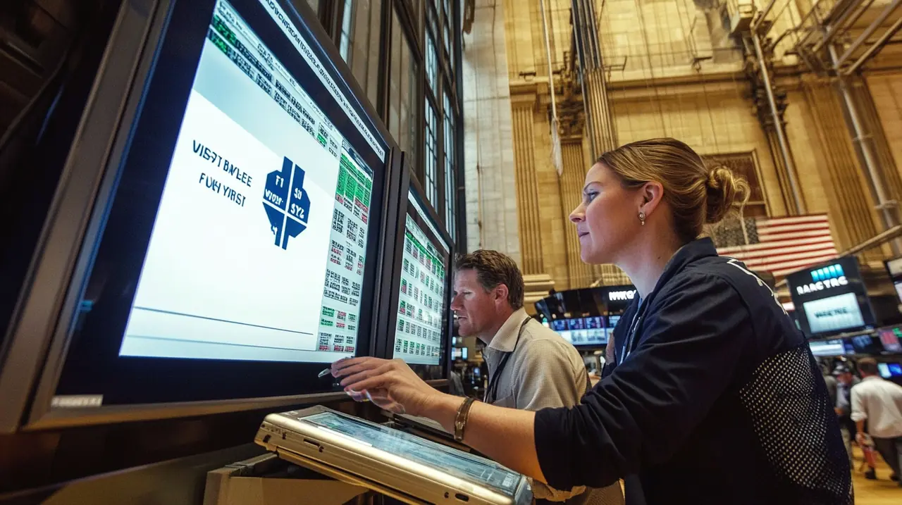 AI 관련 주식에 집중하는 거래소에서의 활기찬 분위기, AI 기술의 투자 열기와 희소성을 강조합니다.