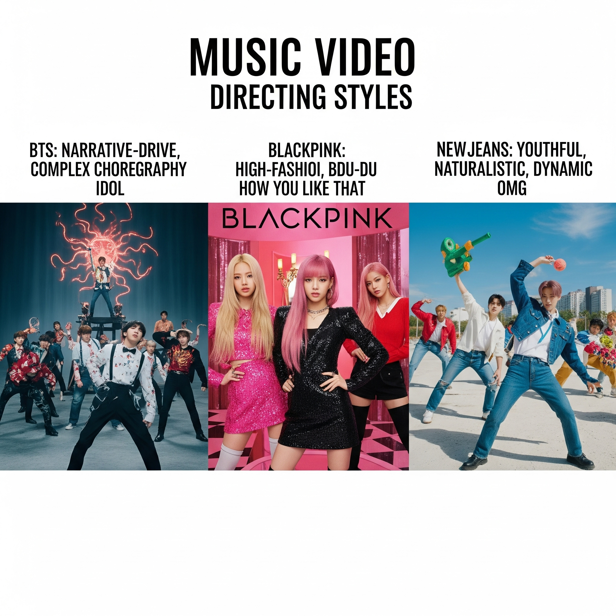 명곡 뮤비 연출 비교 (BTS, 블랙핑크, 뉴진스)