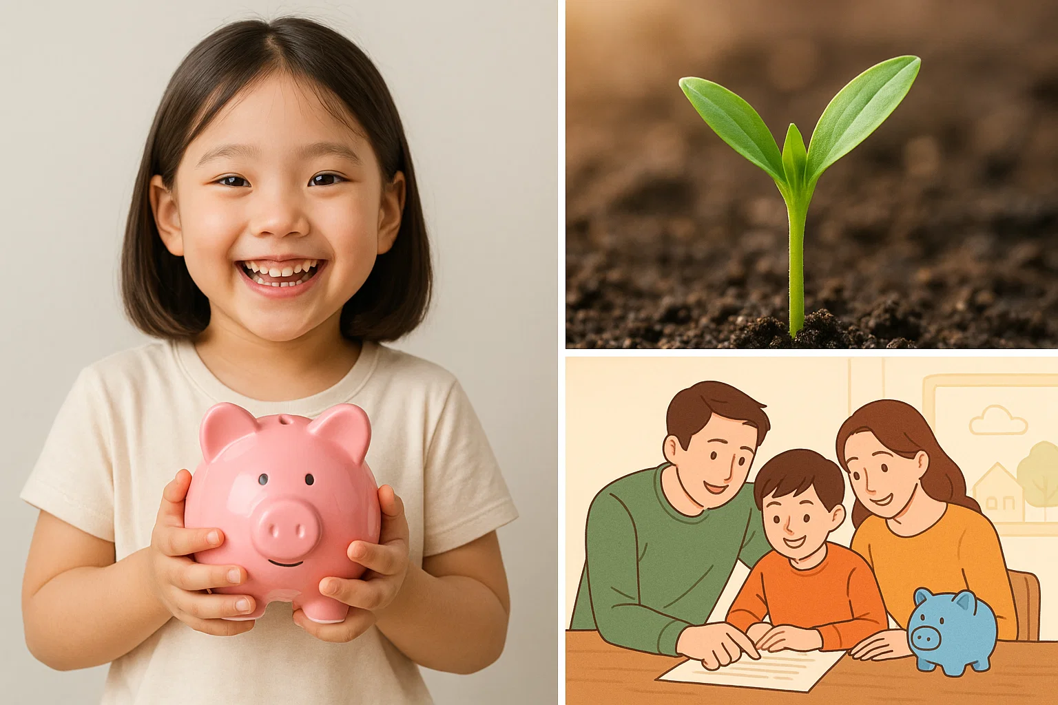 저금통을 들고 있는 아이, 자라는 새싹, 그리고 저축 계획을 세우는 가족 일러스트가 조화롭게 구성된 가로형 이미지