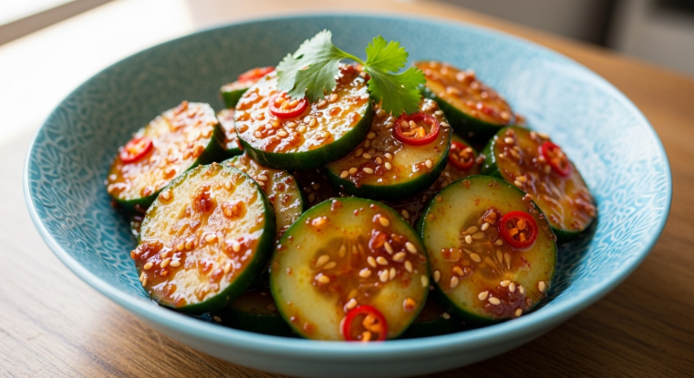 새콤달콤한 빨간 양념이 고루 묻은 아삭한 오이무침